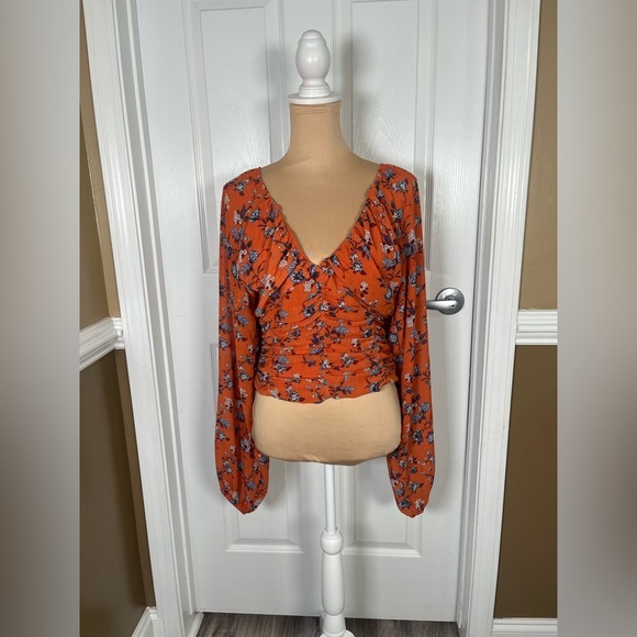 Free People Final Rose Floral Print Deep V-Neck Long Balloon Sleeve Ruched Top M - Picture 7 of 14